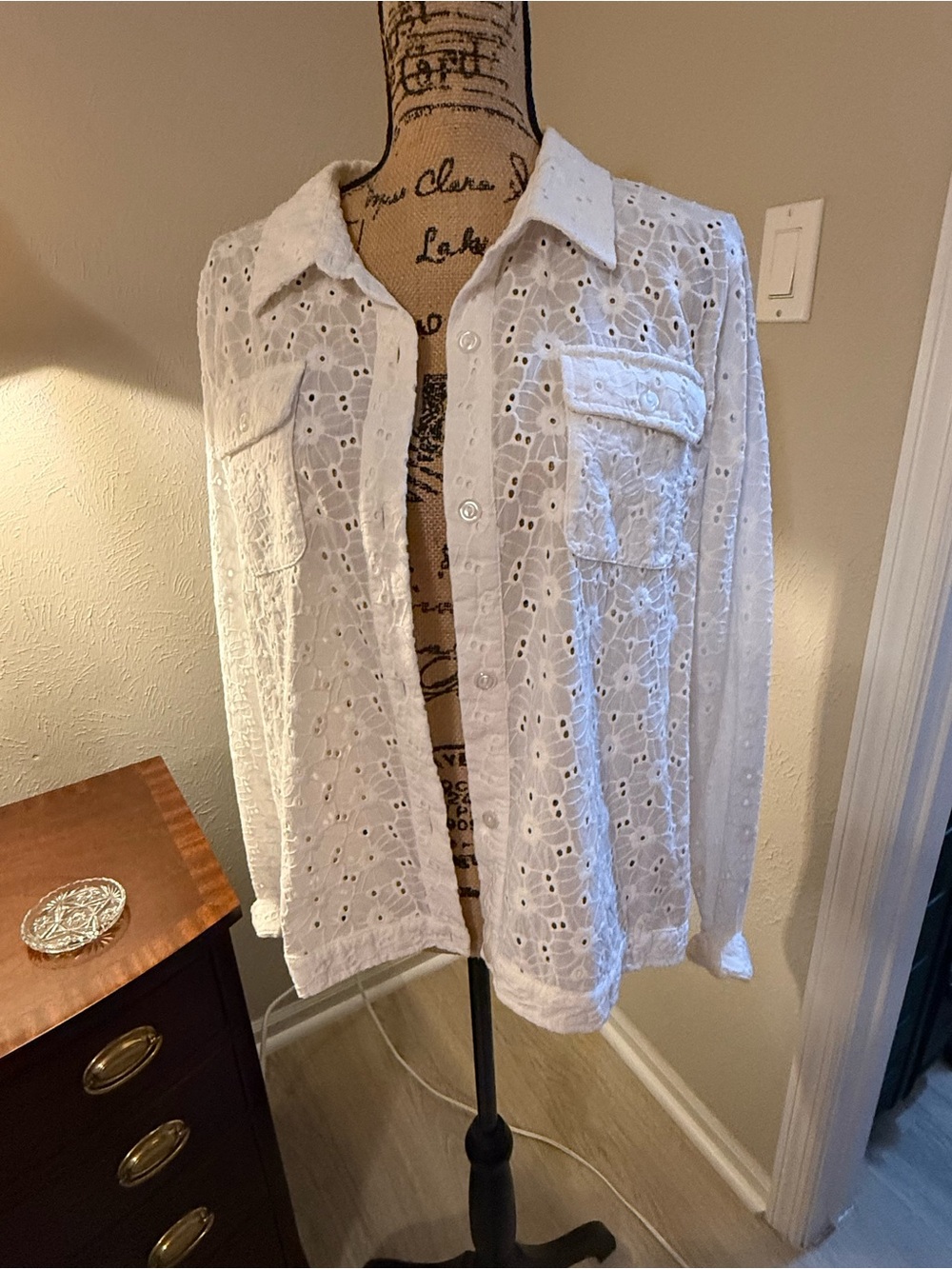 Coldwater Creek White Eyelet Floral Button-Up Top